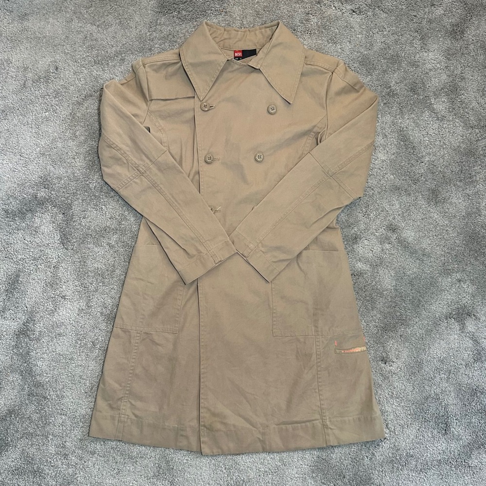 Diesel Trench Coat Womens Small Tan Khaki Double Breasted Cotton Utility Jacket